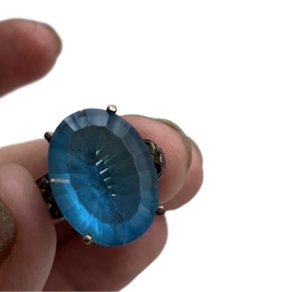 Vintage HUGE Blue Topaz and 925 Sterling Silver Ring, Boho Chunky Cocktail - Picture 6 of 12